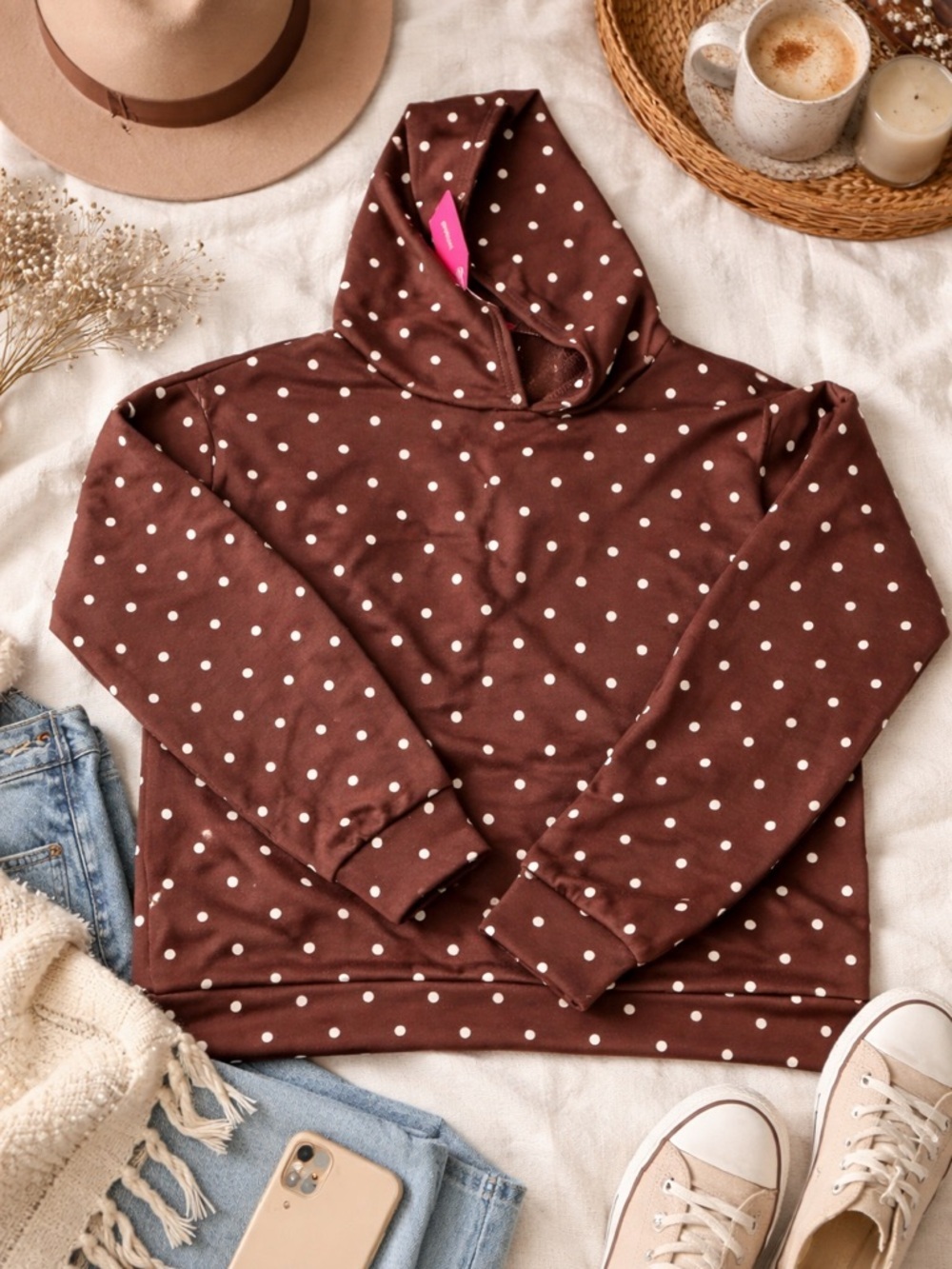 Edikted Brown Polka Dot Hoodie Medium Y2K Coquette Bow Graphic Oversized Cozy